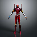 Futuristic Red Mechanical Character With Yellow Accents White Details And Standing Pose