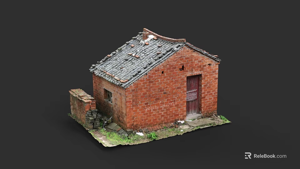 Red Brick Small House Featuring Wooden Door And Tiled Roof Structure 3d model 