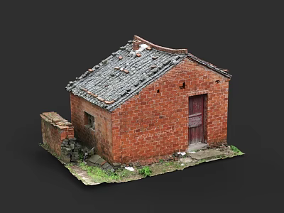 Red Brick Small House Featuring Wooden Door And Tiled Roof Structure 3d model