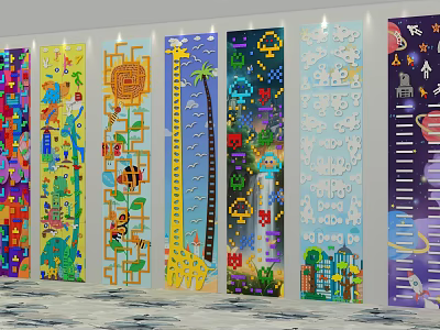 Colorful Kids Wall Decor With Cartoon Patterns Giraffe Sun City Ocean Space Animals 3d model