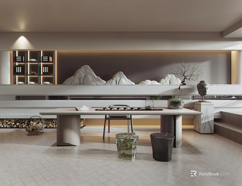 Modern Tea Room Interior With Long Tea Table Mountain Landscape Backdrop Tea Sets And Bookshelves 3d model 