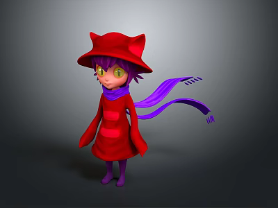 Cute Character In Red Coat With Cat Ear Hat Purple Scarf And Green Eyes 3d model