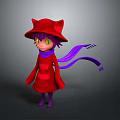 Cute Character In Red Coat With Cat Ear Hat Purple Scarf And Green Eyes