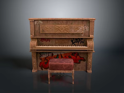 Vintage Decorative Piano Design With Colorful Graffiti And Pink Stool 3d model