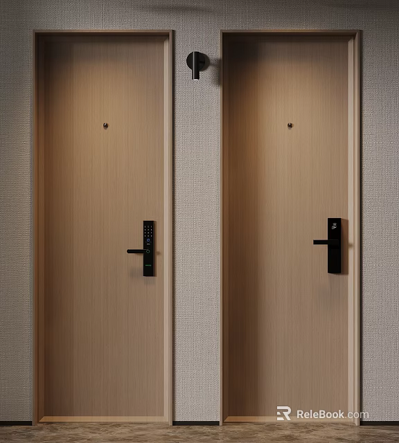 Modern Interior Design with Wooden Doors Black Handles Electronic Locks and Light Walls 3d model 