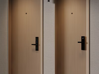 Modern Interior Design with Wooden Doors Black Handles Electronic Locks and Light Walls 3d model