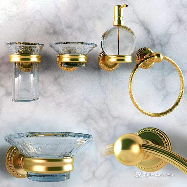 Elegant Bathroom Accessories Set With Gold Metal And Glass Fixtures On Marble Wall 3d model 