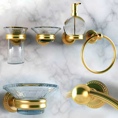 Elegant Bathroom Accessories Set With Gold Metal And Glass Fixtures On Marble Wall 3d model