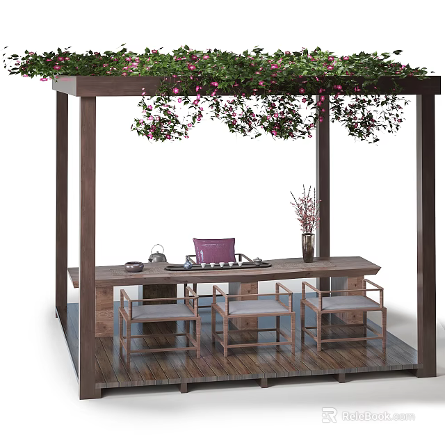 Outdoor Wooden Tea Table and Chairs Under Pergola with Green Vines and Pink Flowers 3d model 