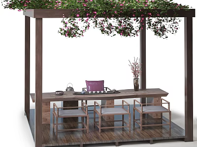 Outdoor Wooden Tea Table and Chairs Under Pergola with Green Vines and Pink Flowers 3d model