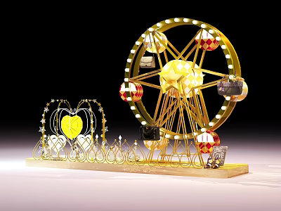 Illuminated Golden Ferris Wheel Art Installation With Heart Shaped Decoration And Colorful Cabins 3d model