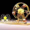 Illuminated Golden Ferris Wheel Art Installation With Heart Shaped Decoration And Colorful Cabins