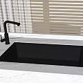 Modern Kitchen Black Sink With Faucet On Marble Countertop Near Window Blinds