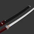 Man Displaying Traditional Japanese Swords With Red Handles And Silver Blades 3d model