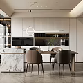 Modern Kitchen Dining Room Interior Design With Marble Island Pendant Lighting Gray Chairs And Cabinets