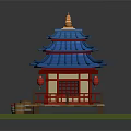 Cartoon Chinese Pagoda Scene With Blue Roof Red Pillars Golden Spire Wooden Barrels And Green Platform