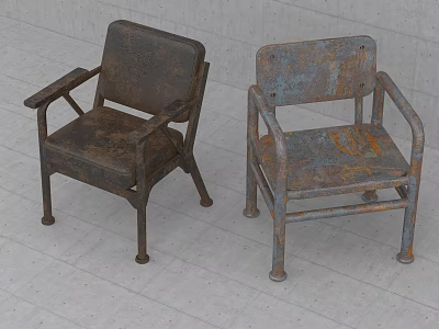 Rusted Vintage Metal Frame Chairs With Worn Seats On Gray Concrete Floor 3d model