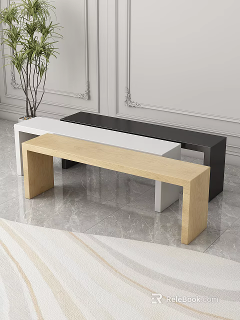 Public Benches Black White Light Wooden Modern Design Indoor Decorative Wall Marble Floor 3d model 