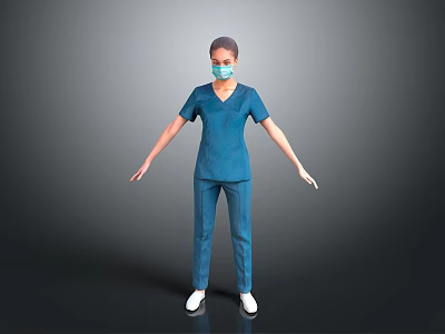 Man in Blue Scrub Suit With Face Mask Standing Arms Outstretched on Gray Background 3d model