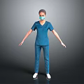 Man in Blue Scrub Suit With Face Mask Standing Arms Outstretched on Gray Background