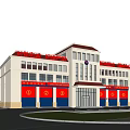 Modern Office Building Featuring Red Roof Red Banners Light Exterior Windows and Parking