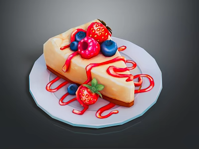 Delicious Cheesecake Slice With Fresh Strawberries Blueberries And Raspberries On White Plate With Red Sauce 3d model