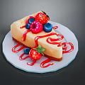 Delicious Cheesecake Slice With Fresh Strawberries Blueberries And Raspberries On White Plate With Red Sauce