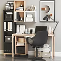 Modern Home Desk Setup With Bookshelf Storage Laptop Lamp And Comfortable Chair