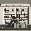 Modern Study Room Interior With Built in Bookshelves Numerous Books Writing Desk And Hanging Pendant Lights