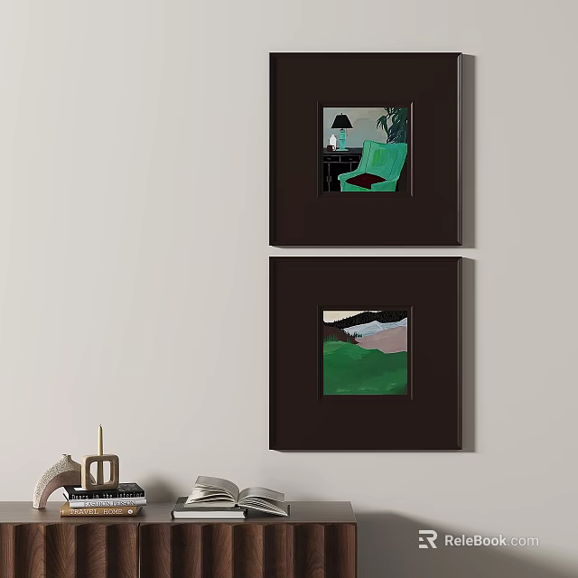 Abstract Paintings In Black Frames Hanging On Interior Wall With Decorative Items And Books Below 3d model 