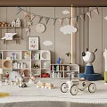 Children's Playroom with Plush Llama Toys Bunting Bookshelf Toy Cars White Rug and Cloud Decorations