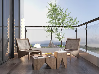 Modern Outdoor Balcony Seating Set With Wooden Chairs Coffee Table Natural Tree And Scenic View 3d model