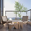 Modern Outdoor Balcony Seating Set With Wooden Chairs Coffee Table Natural Tree And Scenic View