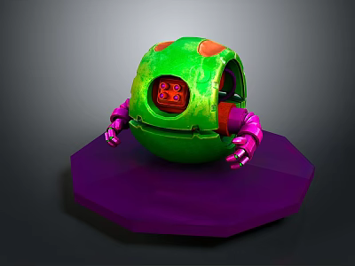 Cute Green Spherical Game Movie Character with Red Details Pink Arms and Purple Octagonal Base 3d model