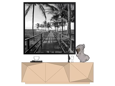 Black and White Landscape Painting with Palm Trees Wooden Pathway and Railing 3d model