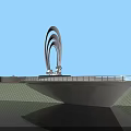 Modern Waterfront Garden Landscape With Creative Circular Public Art Sculpture And Spacious Viewing Platform