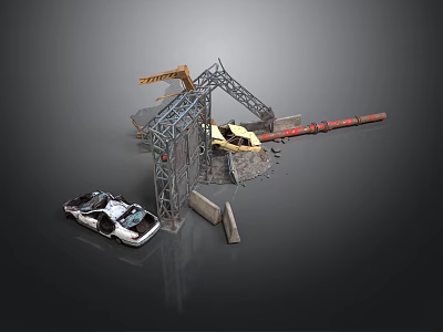 Construction Site Scene With Crane Metal Frame Damaged Car And Collapsed Parts 3d model