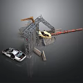 Construction Site Scene With Crane Metal Frame Damaged Car And Collapsed Parts