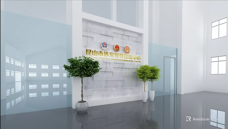 Kunshan Emergency Management Bureau Official Display With Marble Wall And Green Plants 3d model 