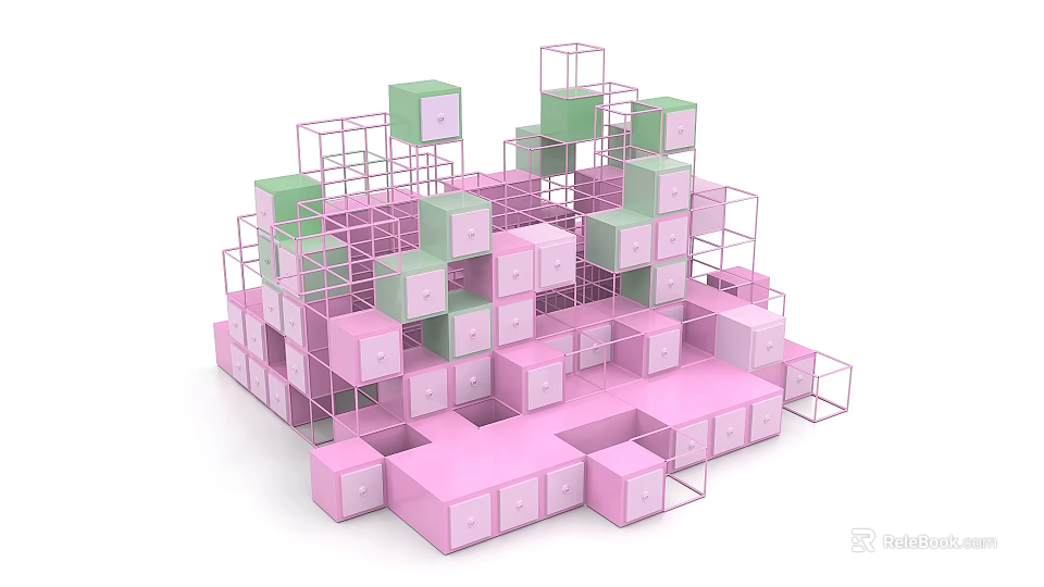 Modern Group Photo Check-in Spot With Pink Green Cubes And Metal Frames 3d model 