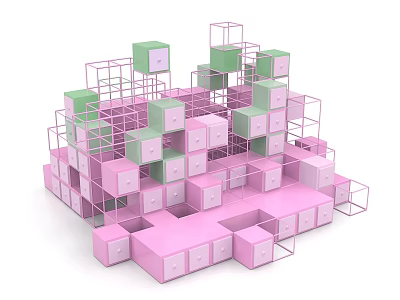 Modern Group Photo Check-in Spot With Pink Green Cubes And Metal Frames 3d model