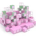 Modern Group Photo Check-in Spot With Pink Green Cubes And Metal Frames