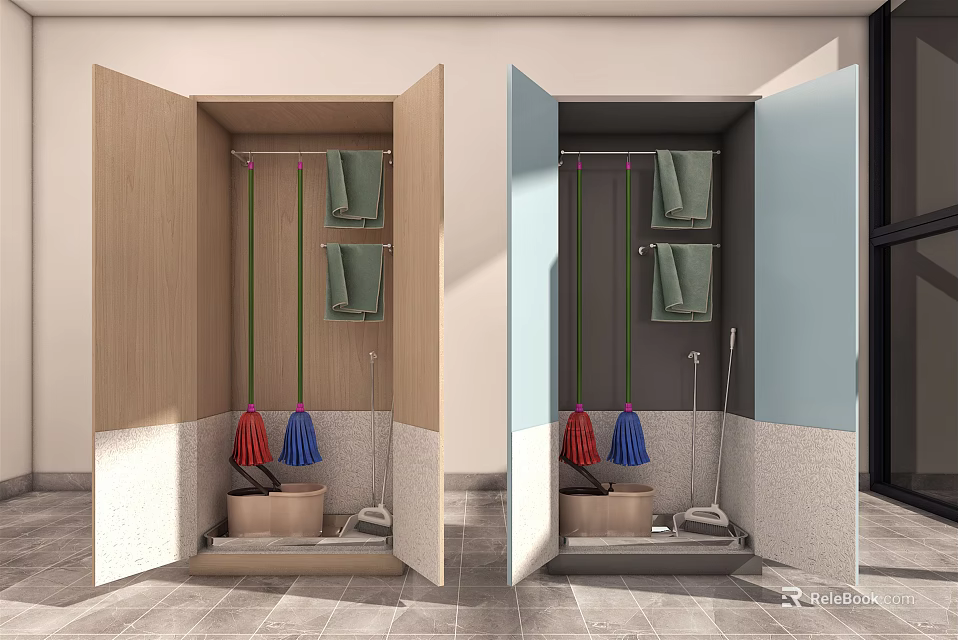 Storage Closet With Open Wooden Blue Doors Mop Broom And Hanging Cloths 3d model 
