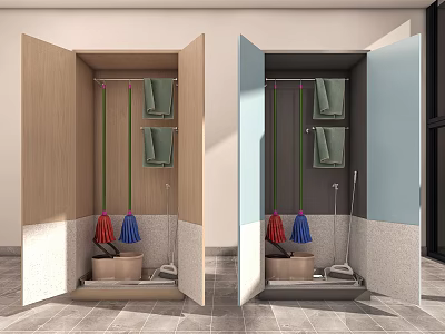 Storage Closet With Open Wooden Blue Doors Mop Broom And Hanging Cloths 3d model