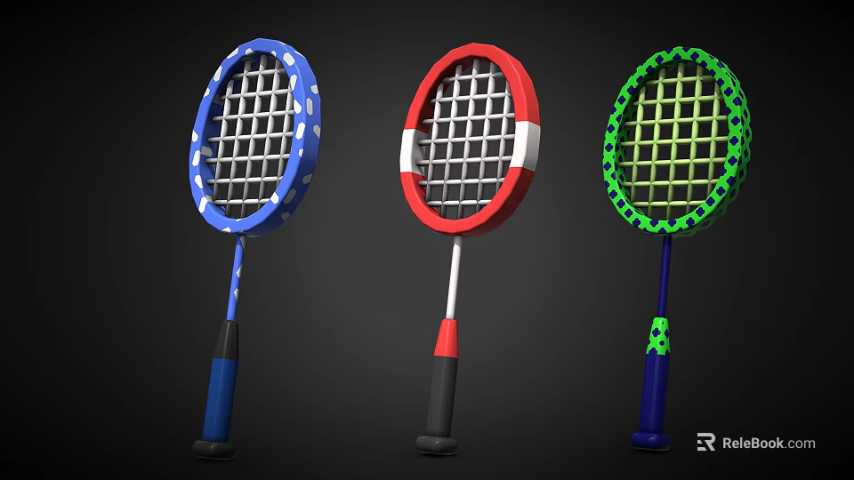 Vibrant Badminton Rackets In Blue Red Green With Decorative Dots And Stripes 3d model 