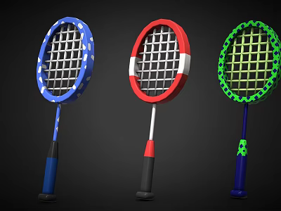 Vibrant Badminton Rackets In Blue Red Green With Decorative Dots And Stripes 3d model