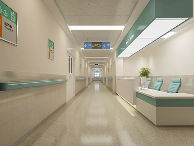 Hospital Outpatient Clinic Corridor With Bright Lighting Waiting Seats Signage And Potted Plants 3d model