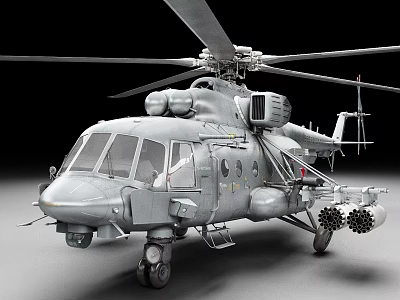Detailed Military Helicopter With Gray Fuselage Main Rotors And Rocket Pods 3d model