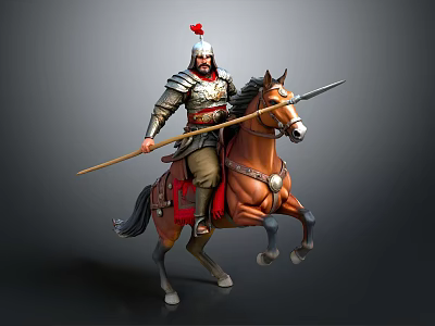 Ancient Armored Warrior Riding Brown Running Horse With Spear And Red Plume Helmet 3d model