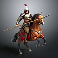 Ancient Armored Warrior Riding Brown Running Horse With Spear And Red Plume Helmet